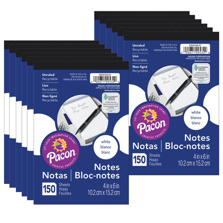 Pacon Unruled Note Pad, White, 4in x 6in, 150 Sheets Per Pad, PK12 MMK09532